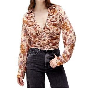 Free People I Got You Printed Long Sleeve Crop Top brown white Sz S